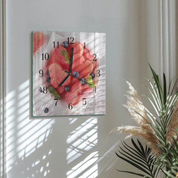 Vierkante glazen wandklok Watermeloenhart