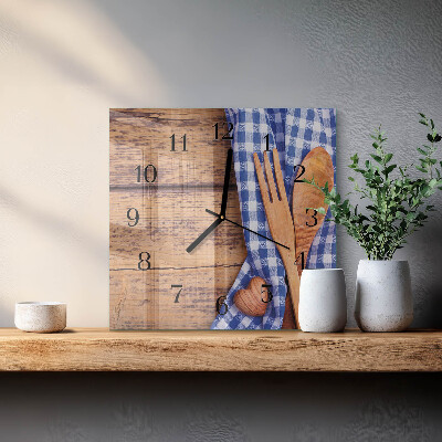 Vierkante glazen wandklok Houten en bestek