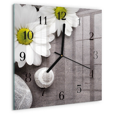 Vierkante glazen wandklok Bloemen en stenen