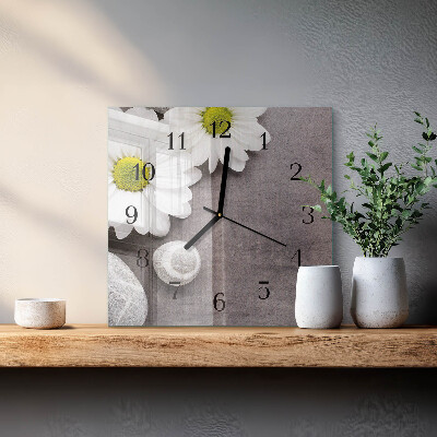 Vierkante glazen wandklok Bloemen en stenen