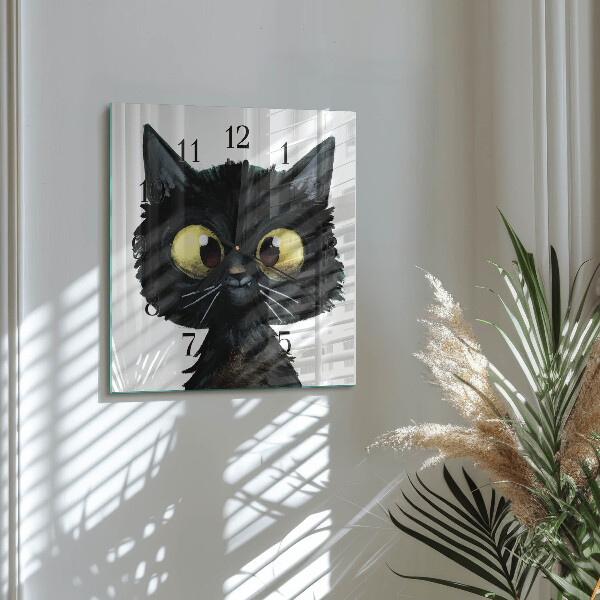 Vierkante glazen wandklok Zwarte kat
