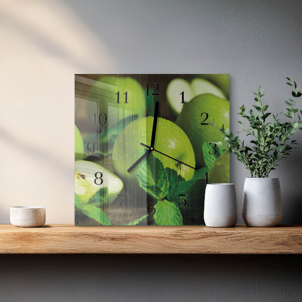 Vierkante glazen wandklok Groene appels
