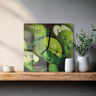 Vierkante glazen wandklok Groene appels
