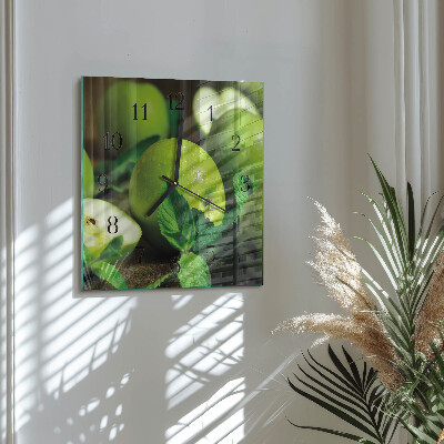 Vierkante glazen wandklok Groene appels