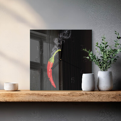 Vierkante glazen wandklok Chilipeper