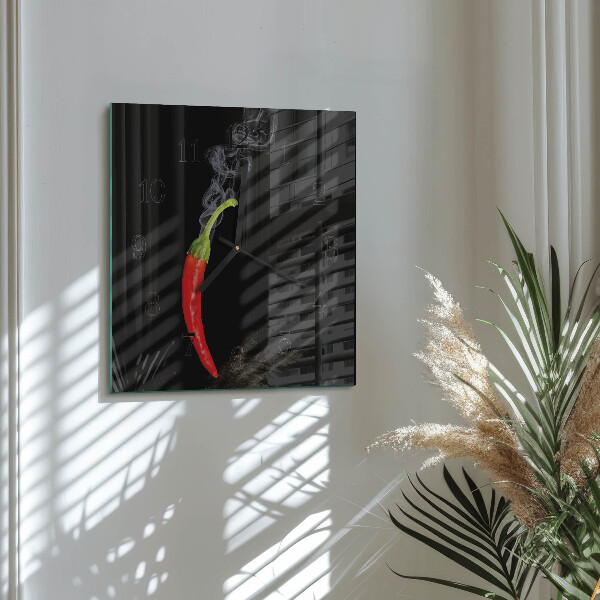 Vierkante glazen wandklok Chilipeper