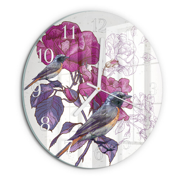 Ronde glazen klok Vogels Bloemen