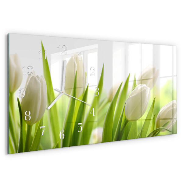 Glazen wandklok rechthoekig Witte tulpen